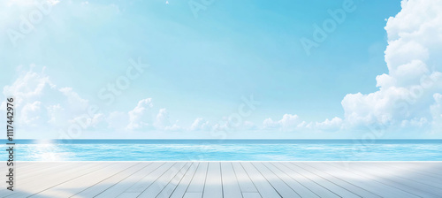 Serene wooden pier extending into a vast turquoise sea the sky filled with fluffy clouds as a light breeze stirs the water and the piers boards creak gently