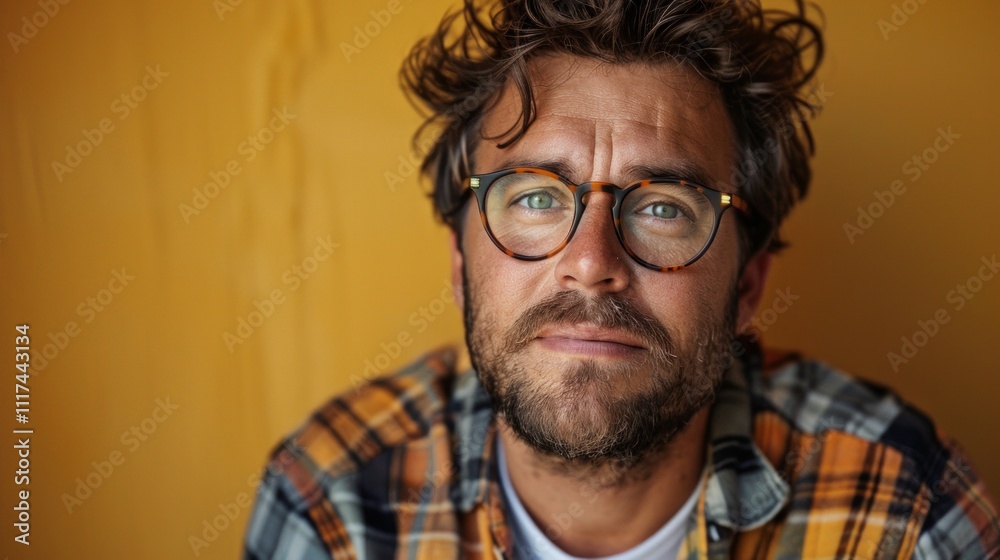 A man with glasses and tousled hair poses thoughtfully against a bright yellow wall, showcasing a casual plaid shirt A man with glasses and tousled hair poses thoughtfully against a bright yellow wall, showcasing a casual plaid shirt