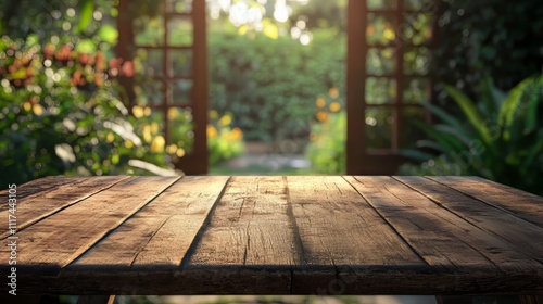 Empty wooden table top with blurred green garden open door background for product display. product mockup.  photo