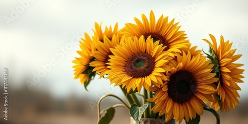 A bouquet of sunflowers with vibrant yellow petals and dark brown centers, illuminated by natural light, creating a cheerful and radiant display.