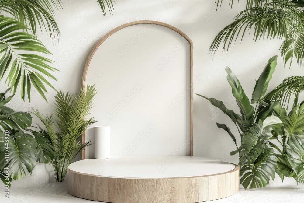 Minimalist display with a curved mirror and lush greenery for aesthetic presentations. Minimalist display with a curved mirror and lush greenery for aesthetic presentations.