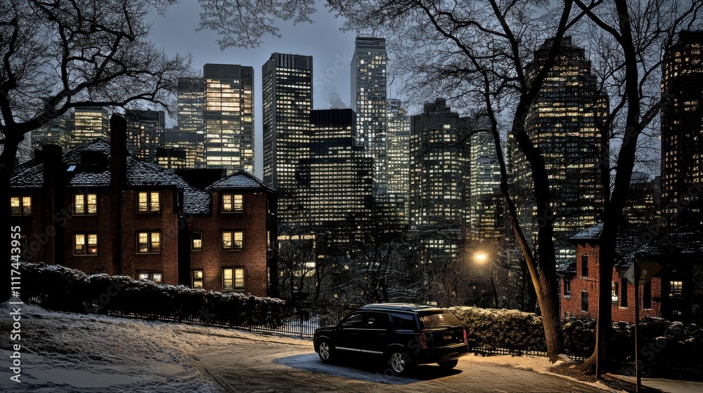 A lone car parked near towering skyscrapers, the city wrapped in the stillness of New Years Eve. A lone car parked near towering skyscrapers, the city wrapped in the stillness of New Years Eve.
