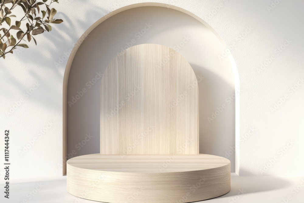 Minimalist display featuring a curved wooden backdrop and circular platform. Minimalist display featuring a curved wooden backdrop and circular platform.