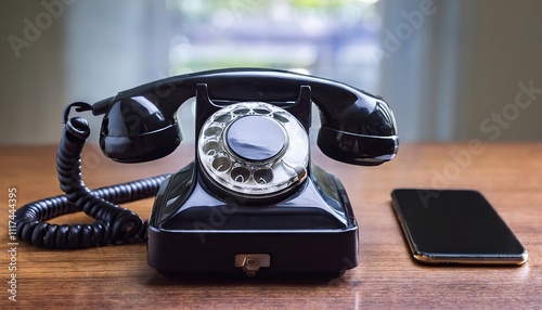 Closeup of an old-fashioned vintage black telephone and a modern mobile phone on the table. Concept of old and new technology in telecommunications. Generative Ai photo