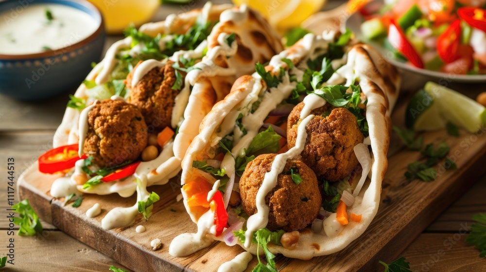 Vegetable and chicken skewers in bite-sized portions, served with hummus and sauce. Vegetable and chicken skewers in bite-sized portions, served with hummus and sauce.