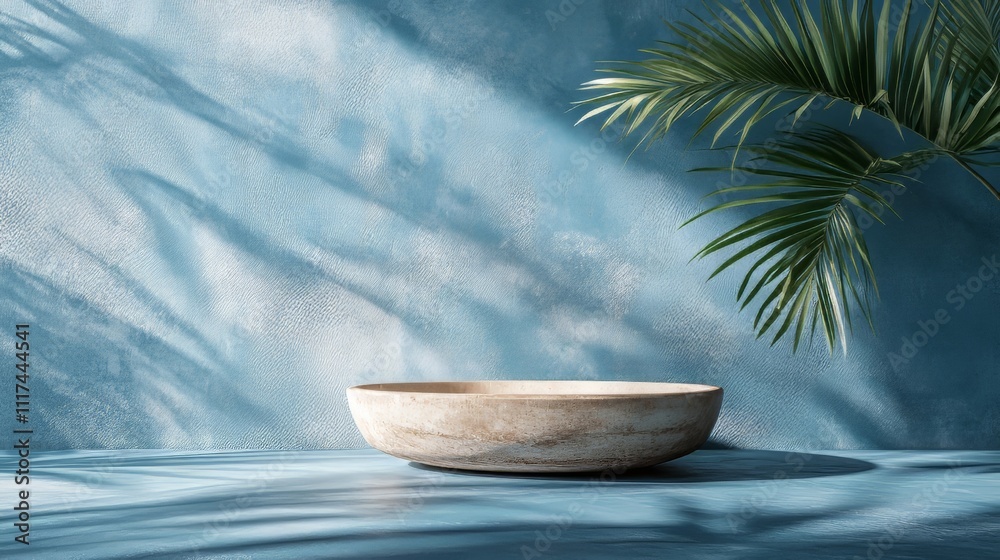 Minimal product placement background with palm shadow on blue plaster wall. luxury summer architecture interior aesthetic. boho home room for product platform stage mockup. product mockup. Minimal product placement background with palm shadow on blue plaster wall. luxury summer architecture interior aesthetic. boho home room for product platform stage mockup. product mockup.