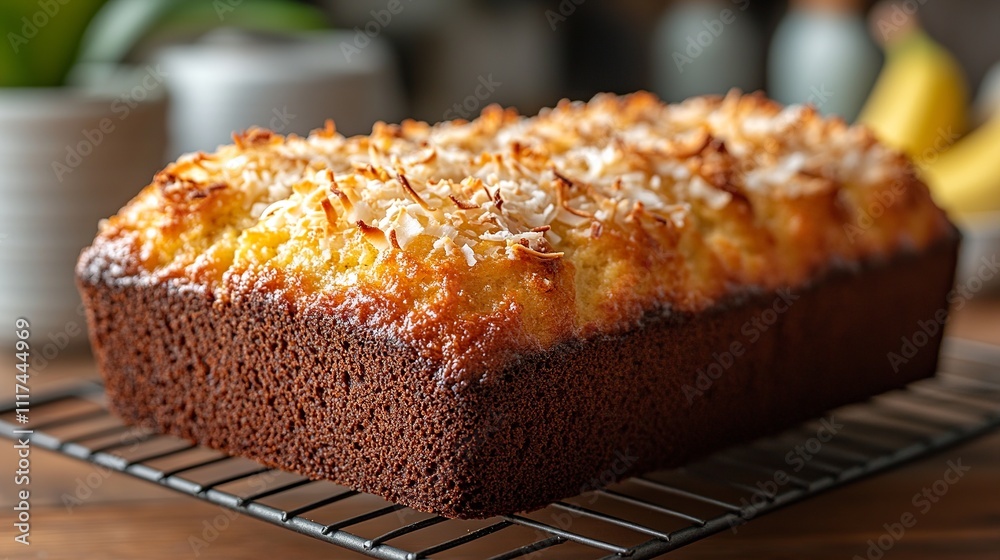 A beautifully baked Hawaiian banana bread loaf on a wire rack, with golden-brown coconut sprinkled on top for a cookbook A beautifully baked Hawaiian banana bread loaf on a wire rack, with golden-brown coconut sprinkled on top for a cookbook