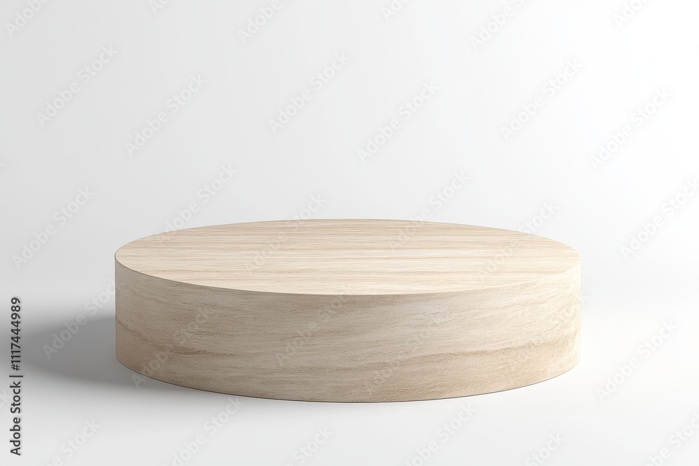 A simple, round wooden display platform with a smooth surface and soft lighting. A simple, round wooden display platform with a smooth surface and soft lighting.