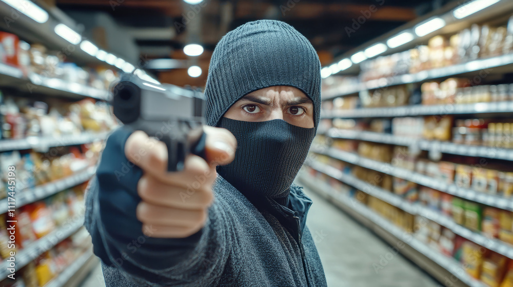 A young man in a balaclava threatens with a gun while robbing a grocery store during the day, showcasing a tense scenario in sharp focus A young man in a balaclava threatens with a gun while robbing a grocery store during the day, showcasing a tense scenario in sharp focus