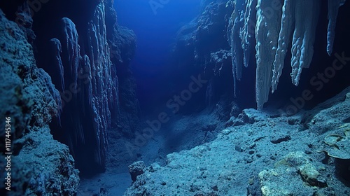 A vast and dark oceanic abyss, where a massive underwater mountain range stretches across the horizon