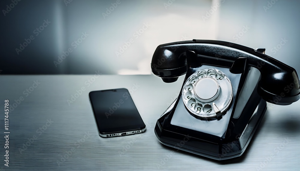 Closeup of an old-fashioned vintage black telephone and a modern mobile phone on the table. Concept of old and new technology in telecommunications. Generative Ai