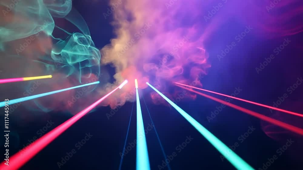 Vibrant laser lights show with smoke at night