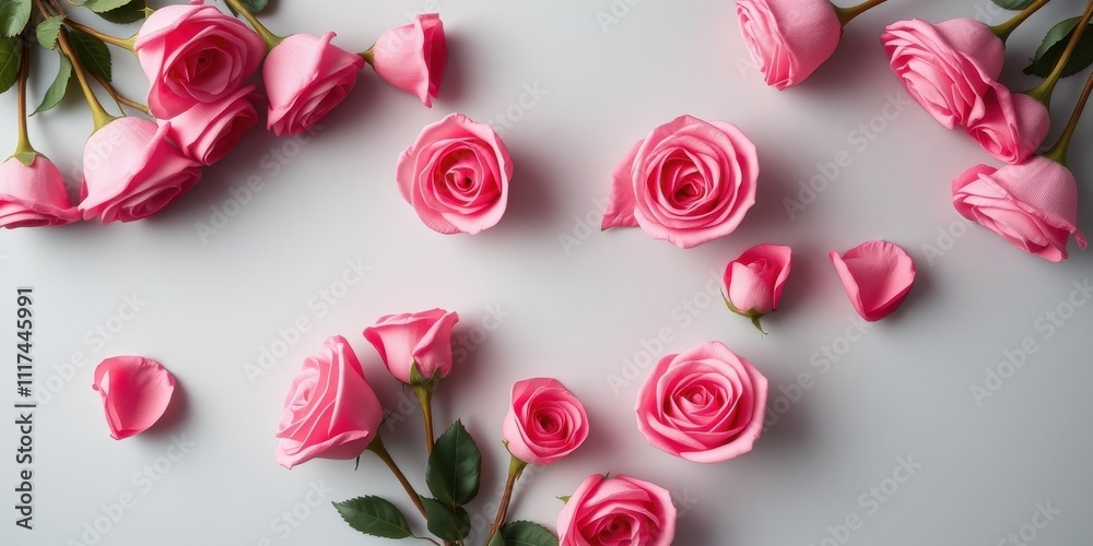 Delicate pink roses scattered on a light gray background, showcasing their delicate beauty and subtle elegance. Delicate pink roses scattered on a light gray background, showcasing their delicate beauty and subtle elegance.