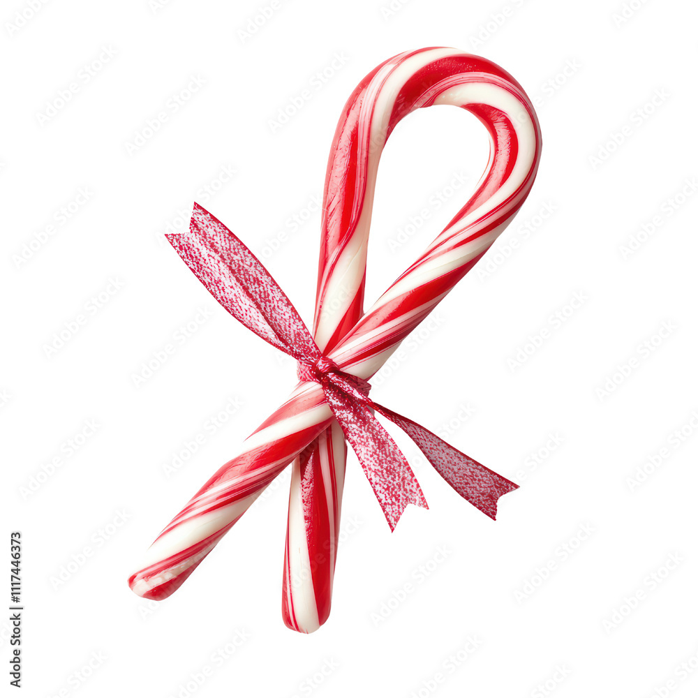 Candy cane with red and white stripes, tied with festive ribbon, perfect for holiday celebrations isolated on transparent background Candy cane with red and white stripes, tied with festive ribbon, perfect for holiday celebrations isolated on transparent background