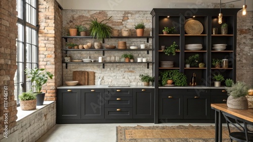 Emphasizing open shelving the black cabinetry provides ample storage while allowing for decorative elements to shine against the backdrop of aged brick evoking a cozy yet stylish