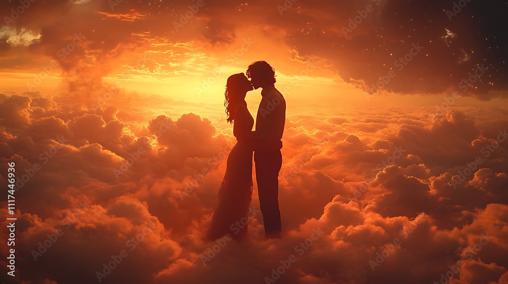 Romantic sunset embrace clouds digital art dreamy atmosphere Romantic sunset embrace clouds digital art dreamy atmosphere