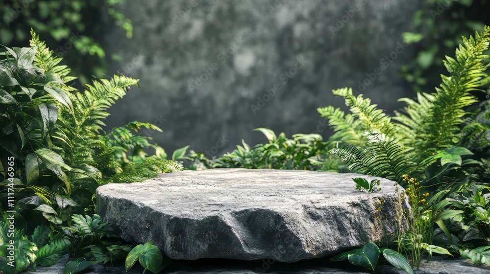 Natural background mockup with a rock platform and forest foliage, suitable for cosmetic product presentations. product mockup. Natural background mockup with a rock platform and forest foliage, suitable for cosmetic product presentations. product mockup.