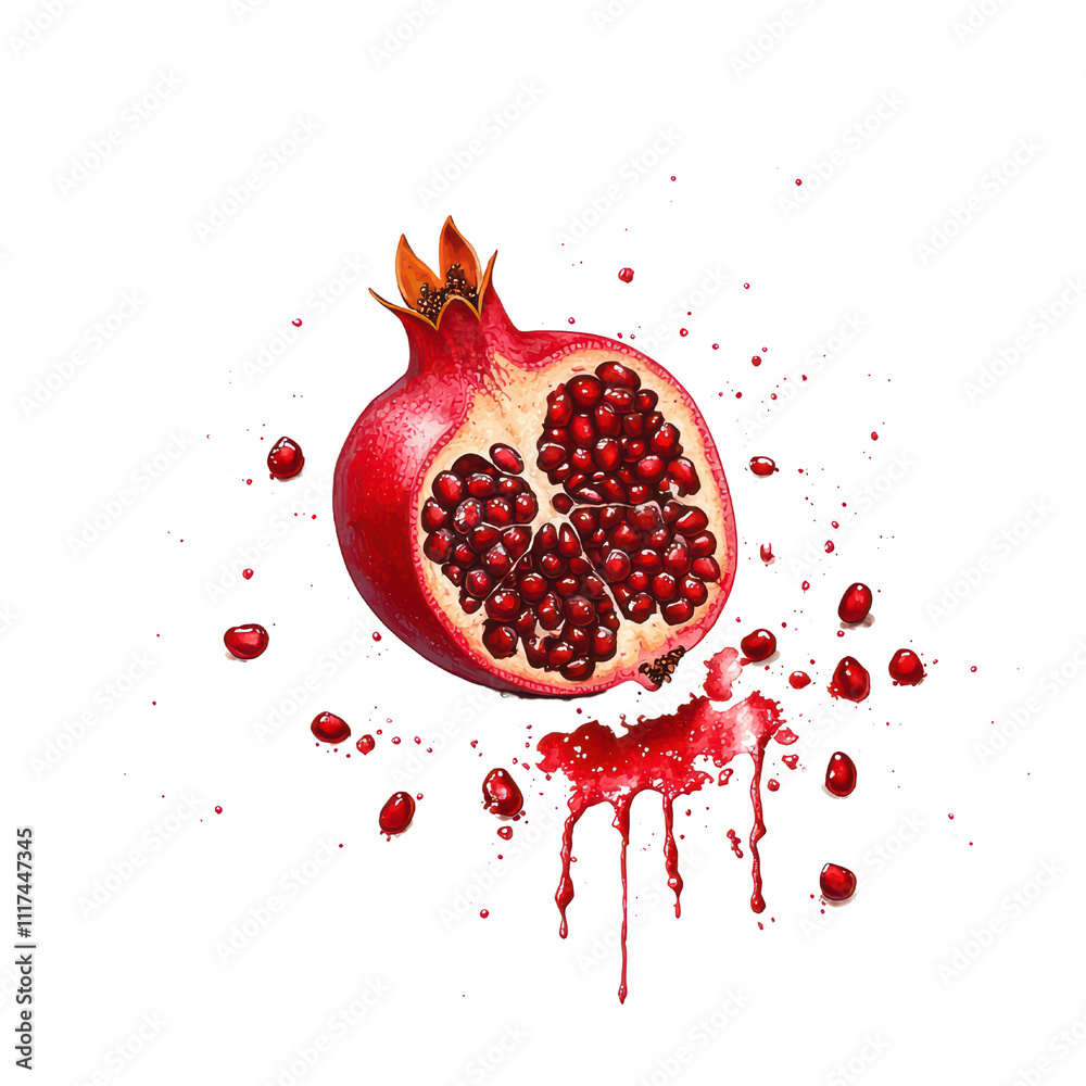Vibrant pomegranate with juicy seeds and splashes of red juice, showcasing its rich texture and color. Perfect for food illustrations and designs isolated on transparent background Vibrant pomegranate with juicy seeds and splashes of red juice, showcasing its rich texture and color. Perfect for food illustrations and designs isolated on transparent background
