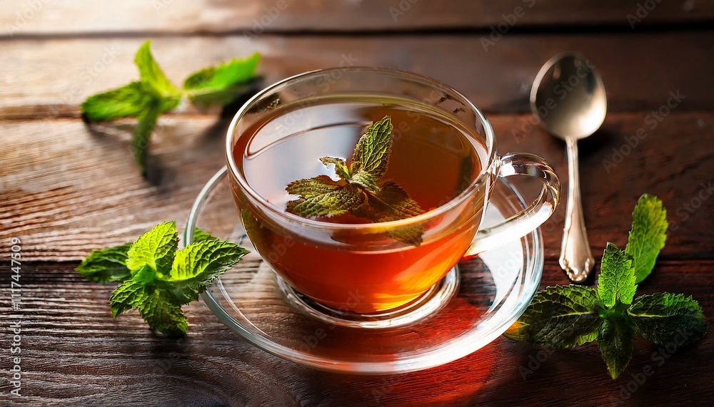 Refreshing Moments: A Cup of Tea with Mint Leaves on Rustic Wood Refreshing Moments: A Cup of Tea with Mint Leaves on Rustic Wood