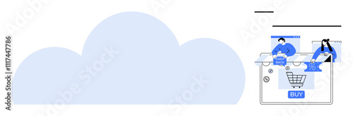 Cloud in background, two users explore cashback offers and discounts on an online shopping site. Ideal for e-commerce, cloud computing, digital transactions, online shopping, discounts, customer