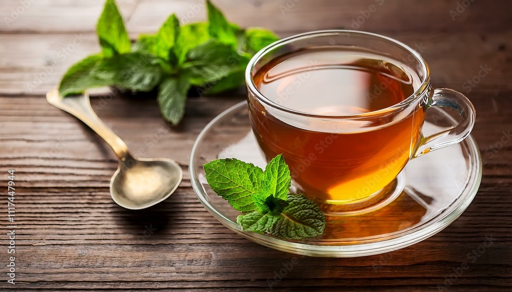 Refreshing Moments: A Cup of Tea with Mint Leaves on Rustic Wood Refreshing Moments: A Cup of Tea with Mint Leaves on Rustic Wood