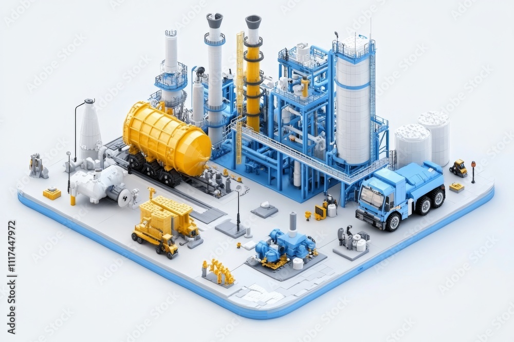 Detailed model of an industrial facility with machinery and equipment situated on a production site with vehicles and structures in view Detailed model of an industrial facility with machinery and equipment situated on a production site with vehicles and structures in view