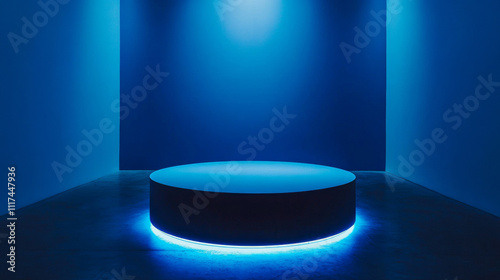 3D blue podium with neon light circle glows behind a podium in a dark room, technology concept, product display, mockup, showroom, showcase