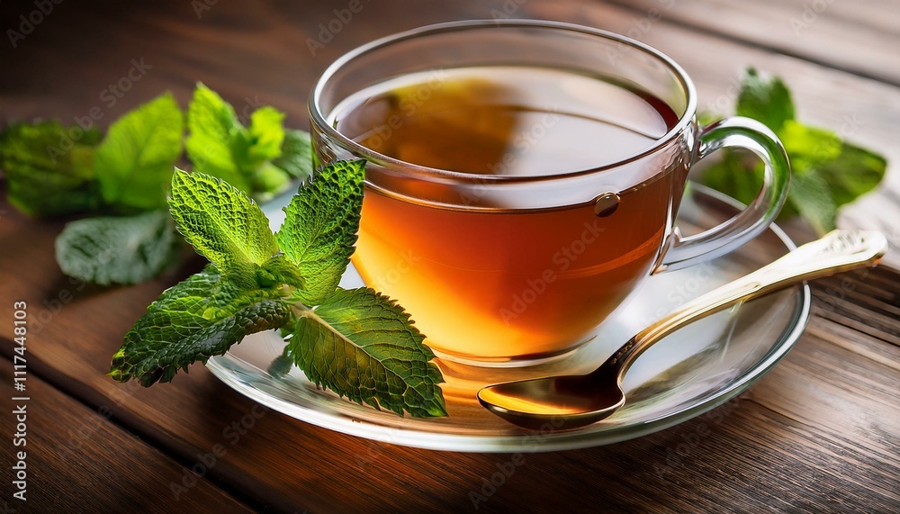 Refreshing Moments: A Cup of Tea with Mint Leaves on Rustic Wood Refreshing Moments: A Cup of Tea with Mint Leaves on Rustic Wood