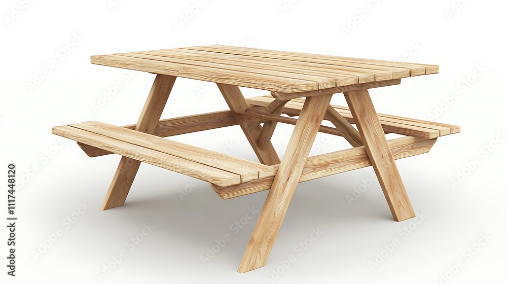 Wooden Picnic Table on White Background