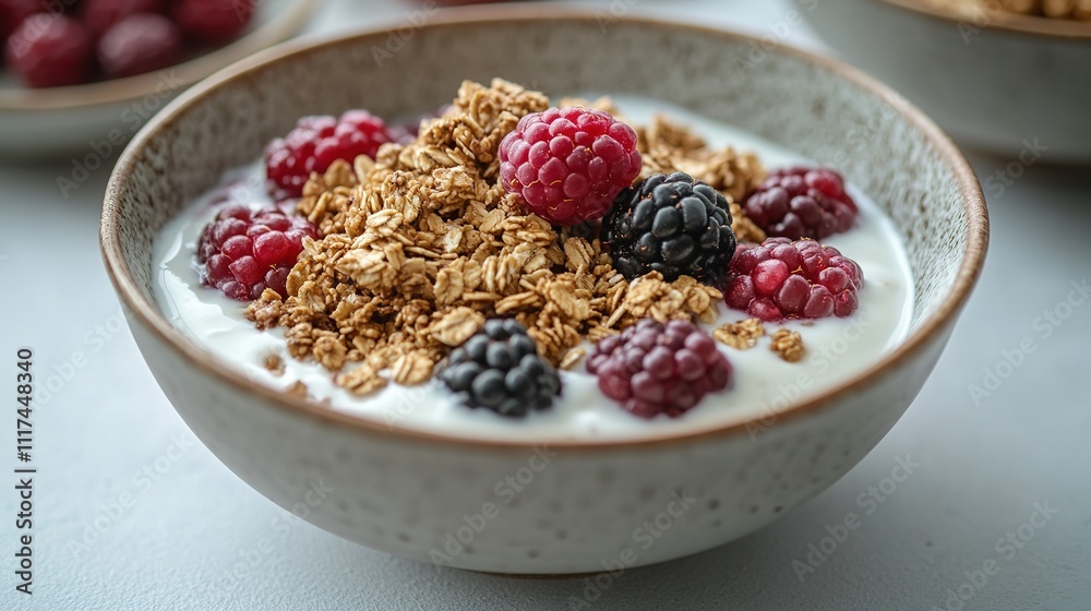 close-up of bowl of fresh vegan yogurt topped with granola and berries placed on plain background for veganuary close-up of bowl of fresh vegan yogurt topped with granola and berries placed on plain background for veganuary
