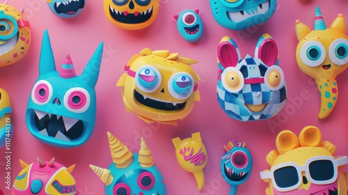 Wallpaper Mural Colorful, playful 3D monster heads on a vibrant pink background. Torontodigital.ca