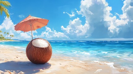 Stickers  Relaxing coconut beach scene tropical paradise digital art seaside  © pongtap