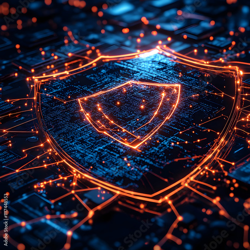 Digital shield symbolizing cybersecurity in a futuristic network environment with glowing connections and patterns