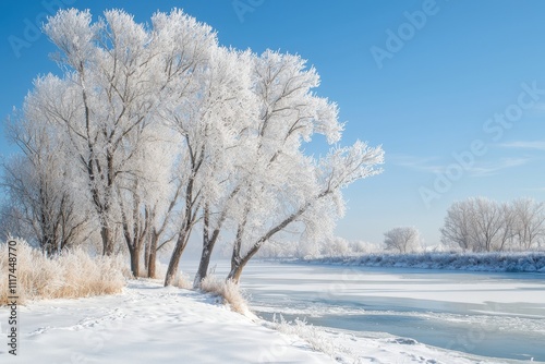 A serene winter landscape with frosted trees and a frozen river under a clear blue sky.