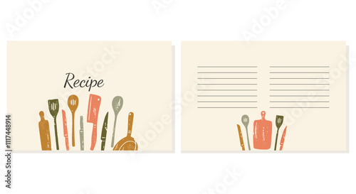 Collection of recipe card or sheet templates for making notes about meal preparation and cooking ingredients. Empty cookbook pages.