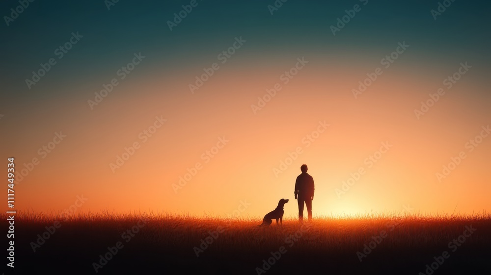 A serene silhouette of a person and a dog against a vibrant sunset, evoking feelings of companionship and tranquility in nature.