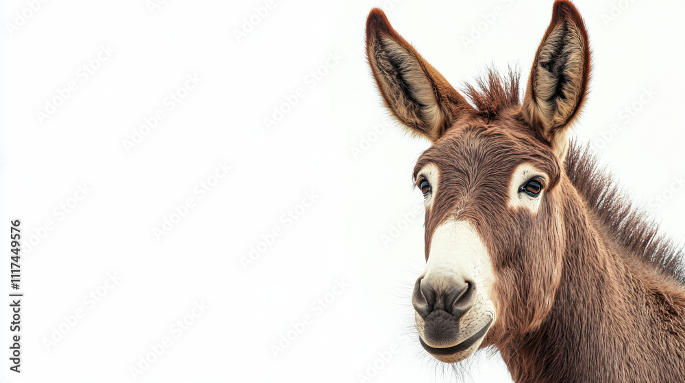 A curious donkey with large ears looks toward the camera against a white background, showcasing its brown fur and expressive eyes. A curious donkey with large ears looks toward the camera against a white background, showcasing its brown fur and expressive eyes.