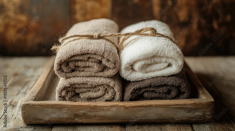 A bundle of rolled towels tied with twine, placed on a wooden spa tray. A bundle of rolled towels tied with twine, placed on a wooden spa tray.
