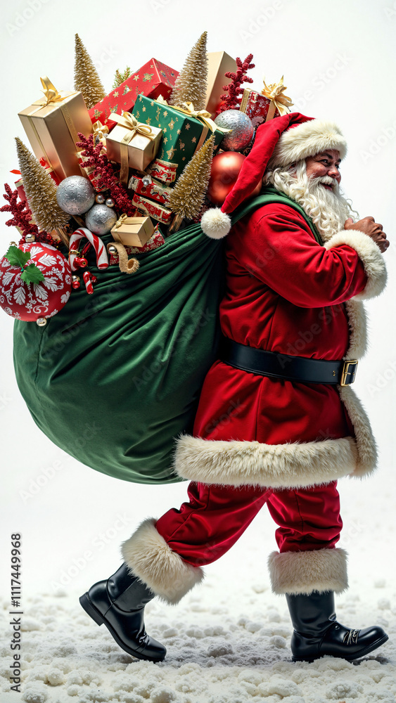 Santa Claus Pushing Overflowing Gift Bag: Perfect for Holiday Marketing, Greeting Cards, and Festive Campaigns Santa Claus Pushing Overflowing Gift Bag: Perfect for Holiday Marketing, Greeting Cards, and Festive Campaigns