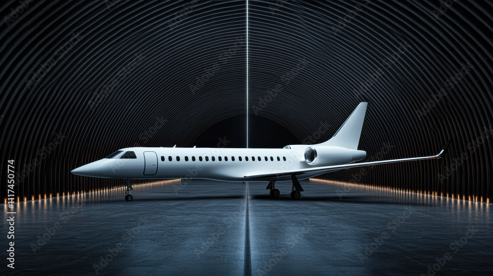 A white jetliner is parked in a large hangar A white jetliner is parked in a large hangar