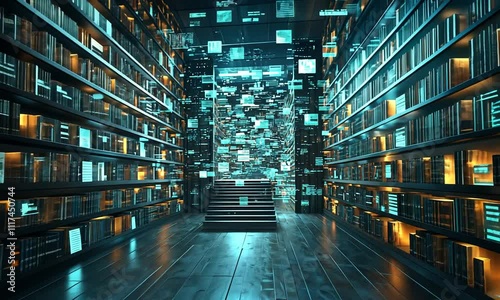 A futuristic library with glowing books and digital data displays.