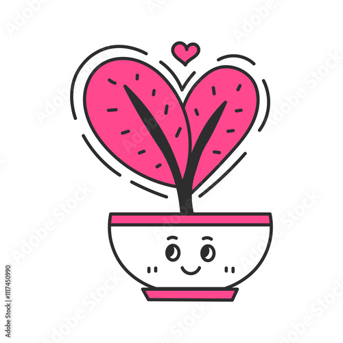 Love Plant in Pot with Heart shaped Leaf. Hand drawn smiling potted houseplant with cute cartoon face. Romantic pink Valentines day flower character