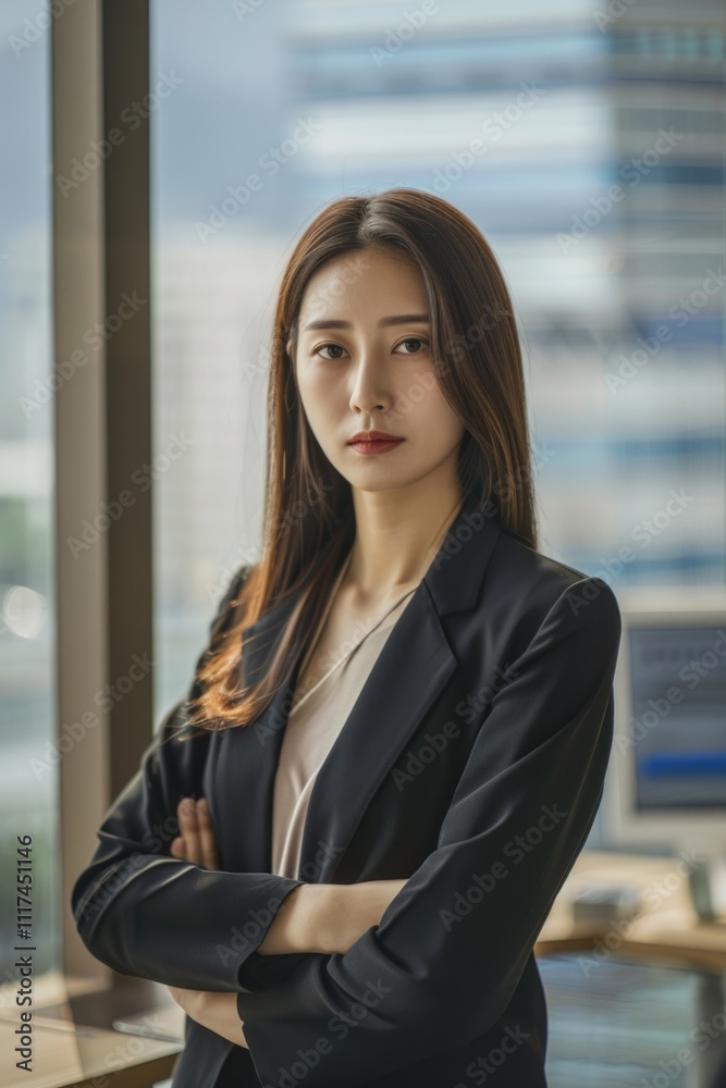 Female professional in business attire confidently posing in an office environment, suggesting career prowess and success. Female professional in business attire confidently posing in an office environment, suggesting career prowess and success.