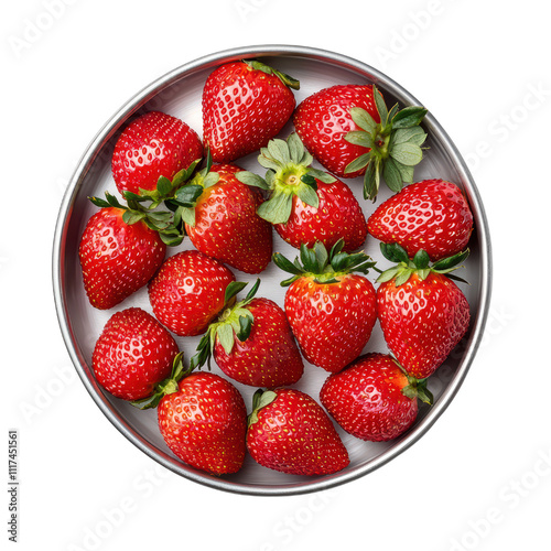 Fresh strawberries arranged in silver bowl, showcasing their vibrant red color and green leaves, perfect for healthy snacking or desserts isolated on transparent background