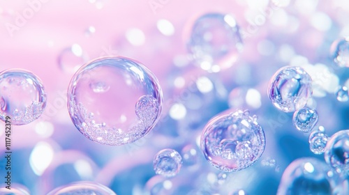 Glossy bubbles in water against pink background.