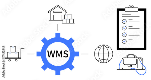 Warehouse, inventory trolley, checklist, global network, and warehouse management system gear. Ideal for logistics, supply chain, inventory management, automation, global trade, business process
