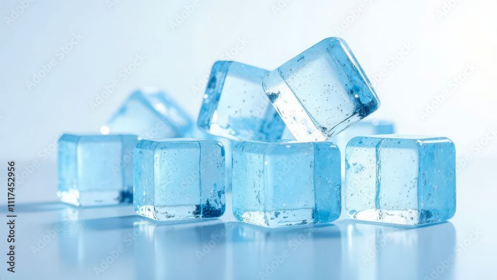 Clear blue ice cubes on reflective surface with soft light Clear blue ice cubes on reflective surface with soft light