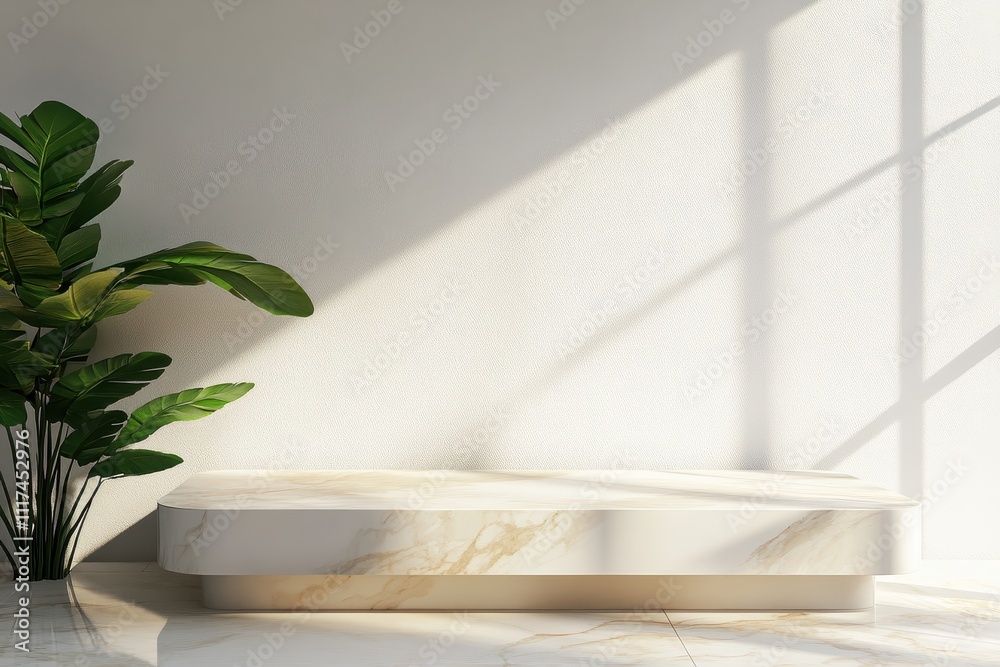 A minimalist interior featuring a marble platform and a lush plant in soft natural light. A minimalist interior featuring a marble platform and a lush plant in soft natural light.