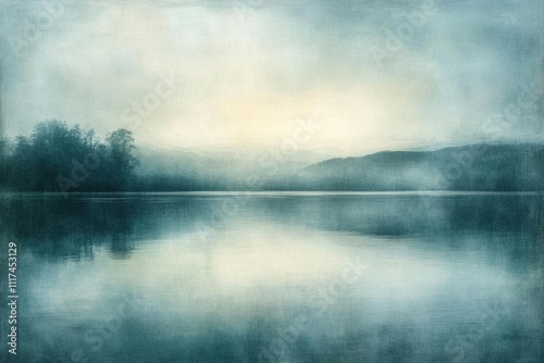 A serene landscape with misty waters and distant mountains at dawn.