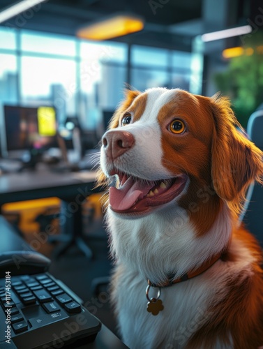 A happy puppy sits at a modern office workspace, suggesting working environments that accommodate pets.